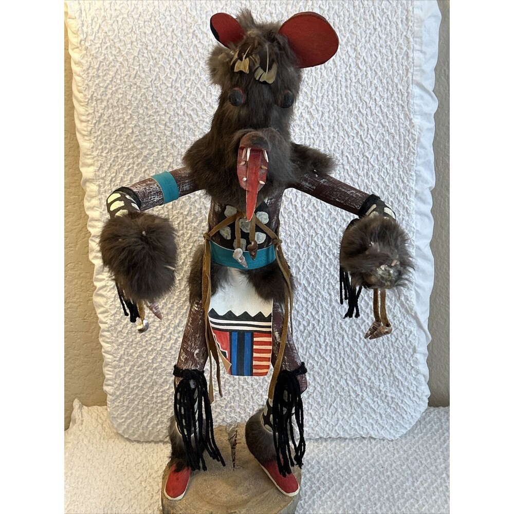 Vtg Native American 22”Bear Dancer Handmade Wood Fur Kachina Doll Signed Nelson